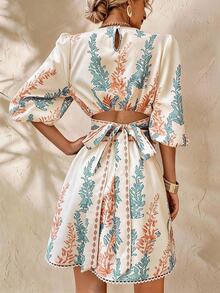 BELROSIE Plant Print Cut Out Tie Back Lantern Sleeve Dress Vacation Outfits Woman  Brunch Off-White Summer Elegant - Multicolor - View 2