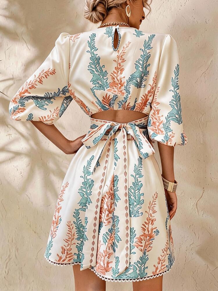 BELROSIE Plant Print Cut Out Tie Back Lantern Sleeve Dress Vacation Outfits Woman  Brunch Off-White Summer Elegant - Multicolor - View 2