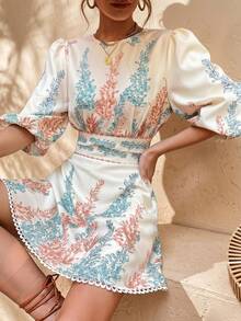 BELROSIE Plant Print Cut Out Tie Back Lantern Sleeve Dress Vacation Outfits Woman  Brunch Off-White Summer Elegant - Multicolor - View 1