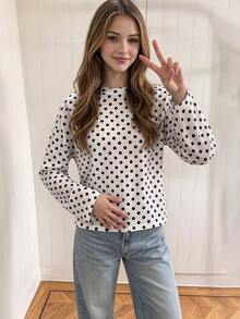 SHEIN 青少年女孩白色黑色波點落肩長袖休閒寬鬆圓領T恤上衣 - 彩色 - 查看 4
