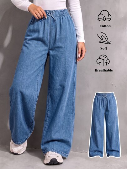 SHEIN Jeans para adolescentes, verano, azul marino, cintura elástica, corte holgado, tela de denim de seda de hielo suave y ligera, formal para baile de graduación, ropa de calle holgada