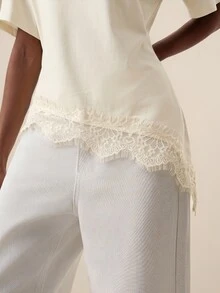 Briarwyn Women's Solid Color Round Neck Short Sleeve Contrast Lace Fashion Top - Apricot - View 2