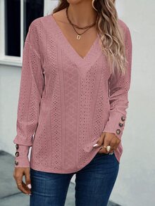SHEIN LUNE Women's Sweet Fashion Embroidered Hollow Out T-Shirt - Rusty Rose - View 3