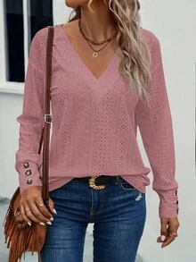 SHEIN LUNE Women's Sweet Fashion Embroidered Hollow Out T-Shirt - Rusty Rose - View 6