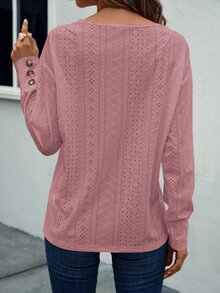 SHEIN LUNE Women's Sweet Fashion Embroidered Hollow Out T-Shirt - Rusty Rose - View 2