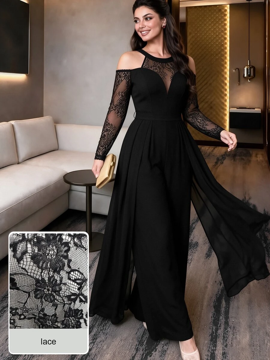 Modelyn Sexy Lace Patchwork Long Sleeve Off-Shoulder Ruffle Elegant Party Jumpsuit For Women Plus Size - Black - View 1