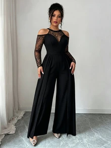 Modelyn Sexy Lace Patchwork Long Sleeve Off-Shoulder Ruffle Elegant Party Jumpsuit For Women Plus Size - Black - View 8