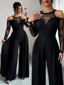 Modelyn Sexy Lace Patchwork Long Sleeve Off-Shoulder Ruffle Elegant Party Jumpsuit For Women Plus Size - Black - View 2