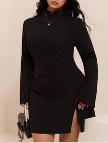 CovetEZ Autumn/Winter Stand Collar Flared Cuff Slim Fit Slit Thigh Casual Plus Size Dress - Black - View 3