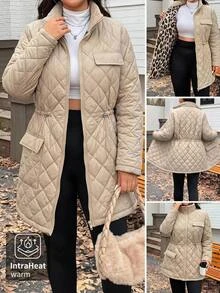 SHEIN LUNE 大尺碼女款純色拉鍊休閒優雅日常冬季加厚外套 正式教師風 棕色 2026 秋冬女款夾克 - 卡其色 - 查看 1