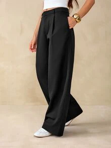 SHEIN Tall Women's Solid Color Casual Versatile Daily Wear Suit Pants - Black - View 3
