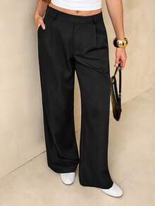 SHEIN Tall Women's Solid Color Casual Versatile Daily Wear Suit Pants - Black - View 7