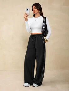 SHEIN Tall Summer Sport Casual Logo Pattern Baggy Sweatpants - Black - View 6