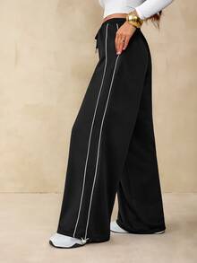 SHEIN Tall Summer Sport Casual Logo Pattern Baggy Sweatpants - Black - View 3
