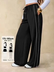 SHEIN Tall Summer Sport Casual Logo Pattern Baggy Sweatpants - Black - View 9