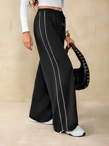 SHEIN Tall Summer Sport Casual Logo Pattern Baggy Sweatpants - Black - View 5