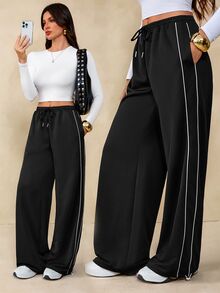 SHEIN Tall Summer Sport Casual Logo Pattern Baggy Sweatpants - Black - View 1
