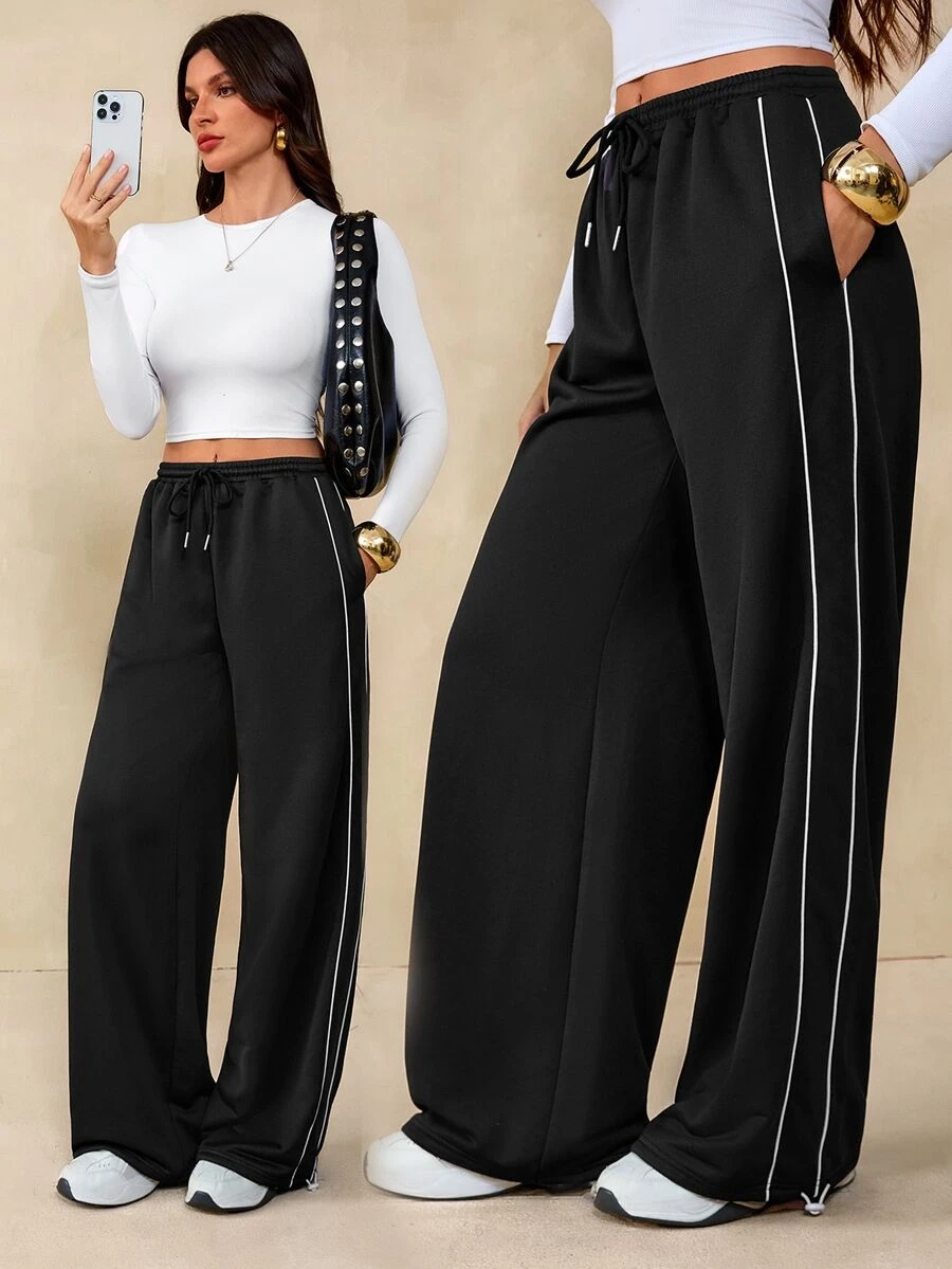 SHEIN Tall Summer Sport Casual Logo Pattern Baggy Sweatpants - Black - View 1