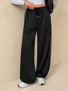 SHEIN Tall Summer Sport Casual Logo Pattern Baggy Sweatpants - Black - View 7