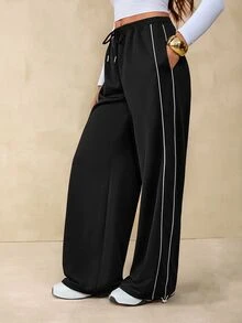 SHEIN Tall Summer Sport Casual Logo Pattern Baggy Sweatpants - Black - View 8