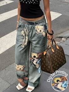Rovax [Denim Effect] Women's Casual Y2k Cute Bear Print Pants Date Everyday Blue Autumn - Multicolor - View 4