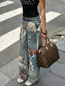 Rovax [Denim Effect] Women's Casual Y2k Cute Bear Print Pants Date Everyday Blue Autumn - Multicolor - View 5