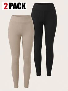 Solflare 2pcs Plus Size Minimalist Versatile Ribbed Skinny Leggings - Multicolor - View 8