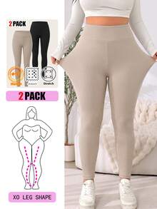 Solflare 2pcs Plus Size Minimalist Versatile Ribbed Skinny Leggings - Multicolor - View 1