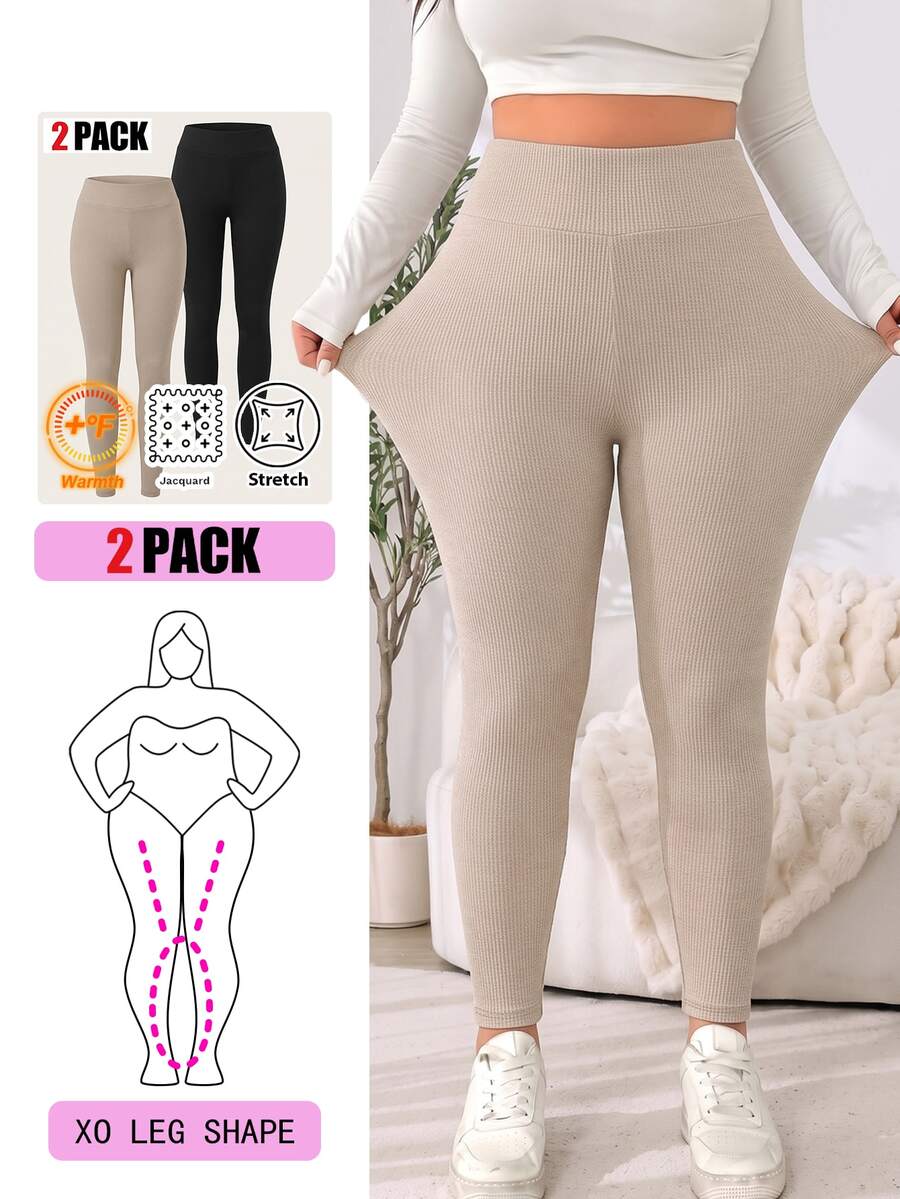 Solflare 2pcs Plus Size Minimalist Versatile Ribbed Skinny Leggings - Multicolor - View 1