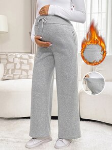SHEIN 孕婦腰綁帶直筒寬鬆鬆垮運動長褲 秋季外穿居家穿著 米色 - 淺灰色 - 查看 1