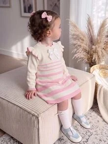 Genkimix Kids Baby Girls' Sweater Dress, Lace Trim Stripe Bow Knit Dress Autumn Winter - White - View 1