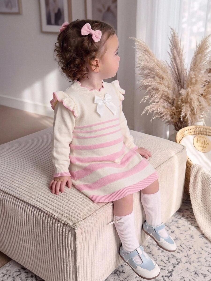 Genkimix Kids Baby Girls' Sweater Dress, Lace Trim Stripe Bow Knit Dress Autumn Winter - White - View 1