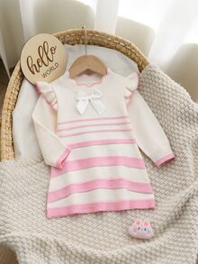 Genkimix Kids Baby Girls' Sweater Dress, Lace Trim Stripe Bow Knit Dress Autumn Winter - White - View 7