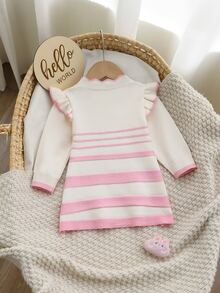 Genkimix Kids Baby Girls' Sweater Dress, Lace Trim Stripe Bow Knit Dress Autumn Winter - White - View 2