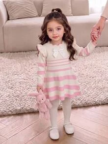 Genkimix Kids Baby Girls' Sweater Dress, Lace Trim Stripe Bow Knit Dress Autumn Winter - White - View 8