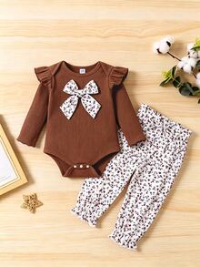 SHEIN 3件組女嬰連身衣褲套裝，甜美棕色花卉荷葉邊蝴蝶結羅紋長袖圓領常規款，生日秋季婚禮賓客禮服，彈性腰頭 - 彩色 - 查看 2