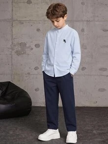 SHEIN 2件組兒童青少年男孩優雅學院風休閒精緻舒適百搭藍白條紋長袖翻領襯衫與深藍色長褲，適合返校、外出、休閒活動、聚會、秋冬季節 - 淺藍色 - 查看 3