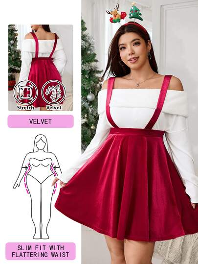 Solflare Nueva Falda de Terciopelo Rojo Elegante Vintage Talla Grande Otoño/Invierno con Tirantes para Salidas, Escuela, Citas, Hogar, Uso Casual & Navidad