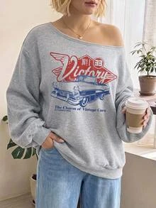 SHEIN CURVE+ Plus Size Women's Letter Print Casual Everyday Long Sleeve Sweatshirt Winter - Grey - View 1