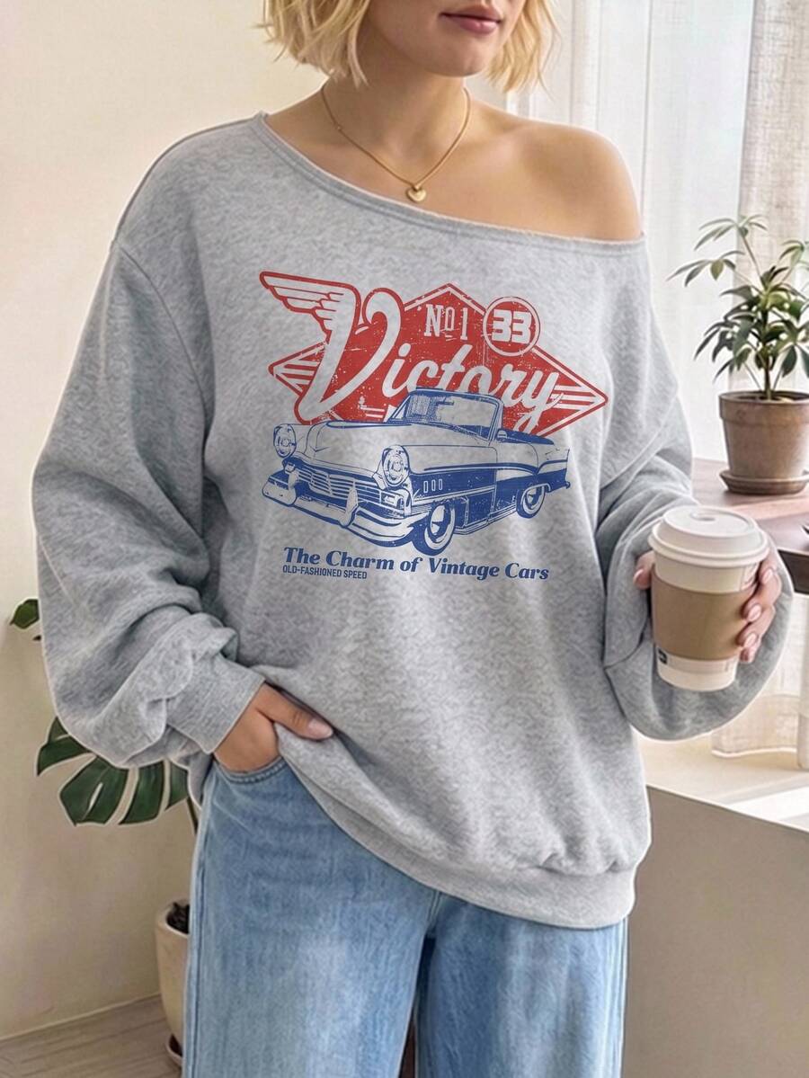 SHEIN CURVE+ Plus Size Women's Letter Print Casual Everyday Long Sleeve Sweatshirt Winter - Grey - View 1