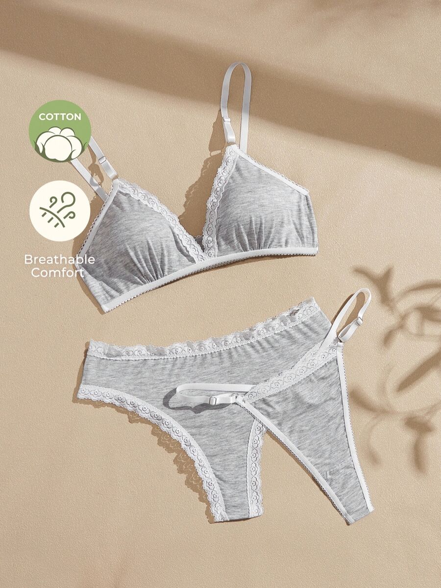 Lullawish Women's 3 Pieces Knit Cotton Underwear Set - Light Grey - View 1