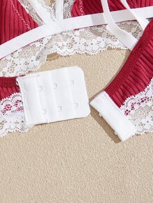 Lullawish Women's Knitted Cotton Ribbed Contrast Color Lace Bra - Burgundy - View 9