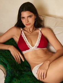 Lullawish Women's Knitted Cotton Ribbed Contrast Color Lace Bra - Burgundy - View 6