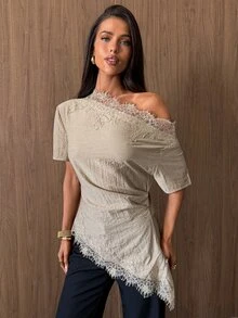 Aloruh 女款通勤早午餐派對不對稱肩褶皺蕾絲拼接短袖上衣 卡其色 夏季優雅 - 卡其色 - 查看 8