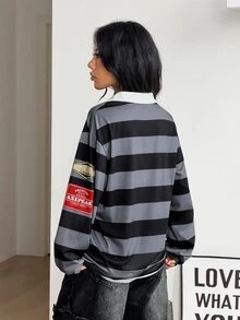 Coolane 女款秋冬休閒學院風時尚街頭外出條紋舒適彈性保暖對比領黑色寬鬆長袖 Polo 衫 - 彩色 - 查看 7