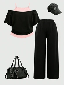 Tween Girls Cute Kitten Print Off-Shoulder T-Shirt & Wide Leg Pants Set, Creative Fall Casual Outfit - Multicolor - View 2