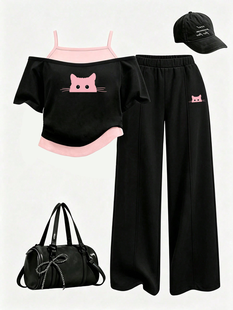 Tween Girls Cute Kitten Print Off-Shoulder T-Shirt & Wide Leg Pants Set, Creative Fall Casual Outfit - Multicolor - View 1