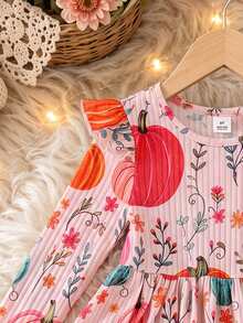 1pc Young Girl Dress Cute Country Style Colorful Pumpkin Pattern Print Round Neck Long Sleeve Flared Skirt Suitable For Thanksgiving Autumn Atmosphere - Multicolor - View 4