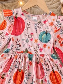 1pc Young Girl Dress Cute Country Style Colorful Pumpkin Pattern Print Round Neck Long Sleeve Flared Skirt Suitable For Thanksgiving Autumn Atmosphere - Multicolor - View 5
