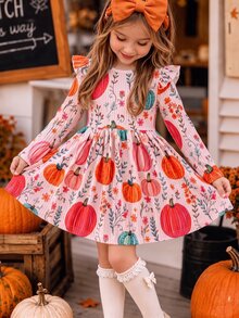 1pc Young Girl Dress Cute Country Style Colorful Pumpkin Pattern Print Round Neck Long Sleeve Flared Skirt Suitable For Thanksgiving Autumn Atmosphere - Multicolor - View 3